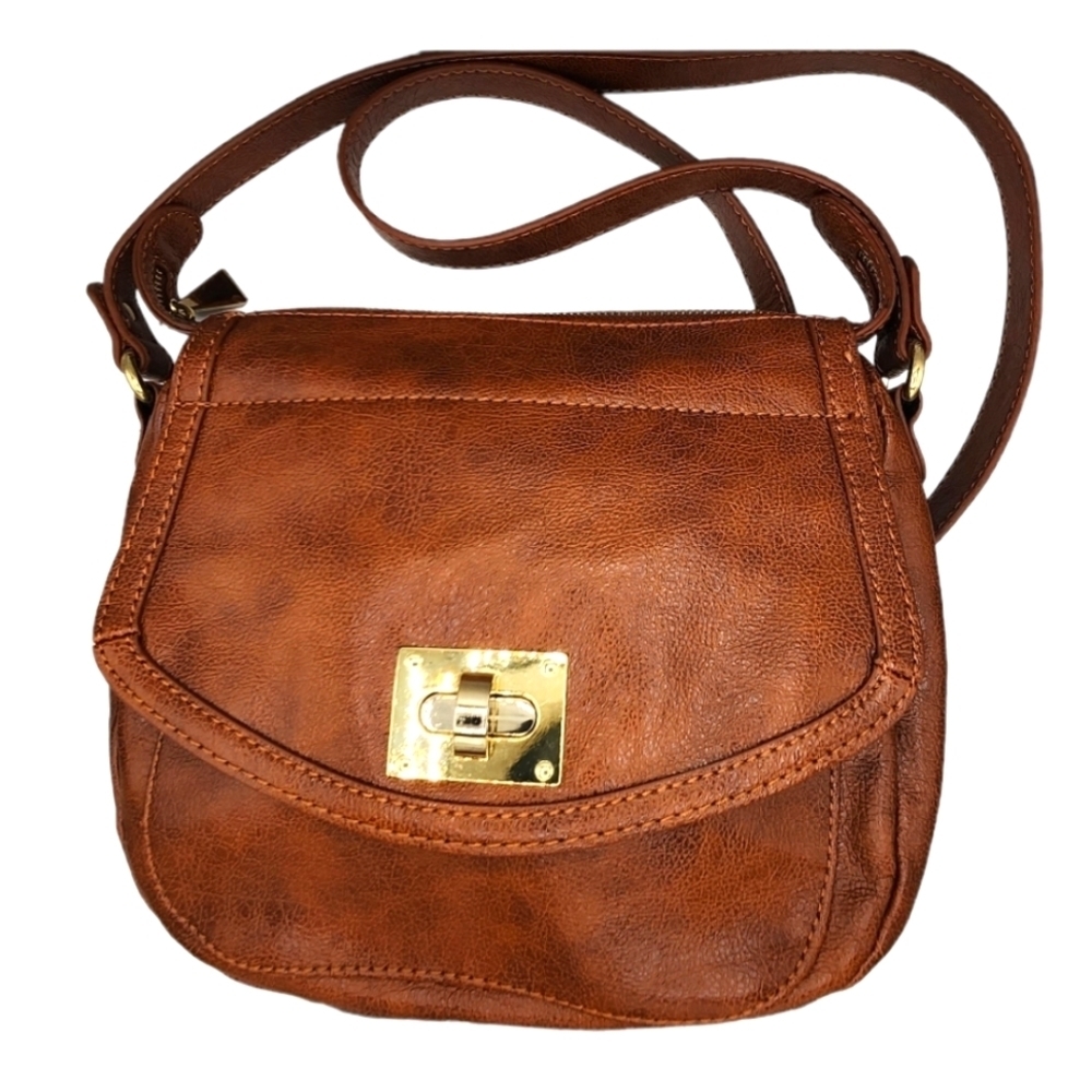 Liz Claiborne Tan-Brown Leather Crossbody with Gold Turn-Lock